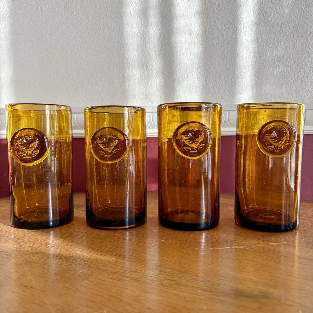 Vintage Pier 1 hand blown amber glass rooster tumbler farmhouse set of 4